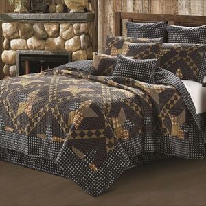 Primitive Star Farmhouse Black Brown Printed King Size Quilt Set Country Cottage